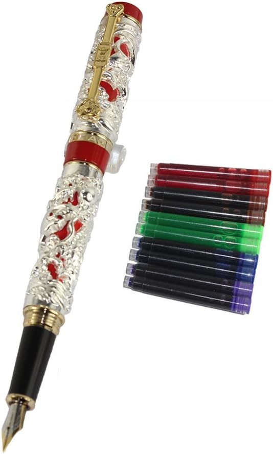 Gullor Noblest Dragon and Phoenix Fountain Pen with PU leather pen pouch and 5 colour ink cartridge - Silver and red