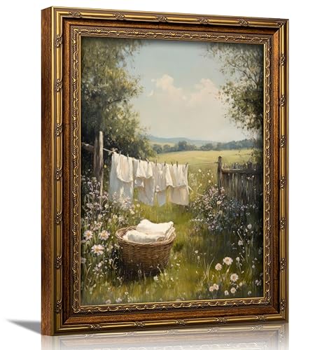 3D Textured Canvas Wall Art Vintage Carved Gold Frame Retro Cottagecore Laundry Farmhouse Country Landscape Relief Poster Print Artwork for Washroom Bathroom Laundry Room Home Decor