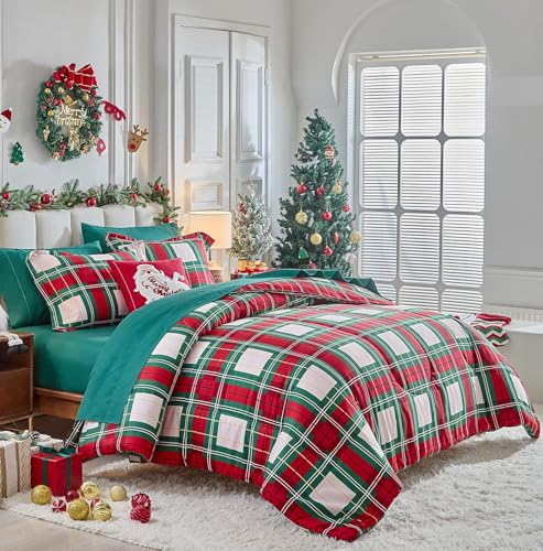 Tititada Christmas Plaid Bed in a Bag 7 Pcs Queen Size Green and Red Buffalo Grid Bedding Comforter Set Warm for Winter1 Comforter 1 Flat Sheet 1 Fitted Sheet 2 Pillow Shams 2 Pillowcases