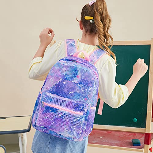 Camtop Mesh Backpack For Kids Girls Semi-Transparent See Through Sturdy School Bookbag Casual Daypack For Beach Swim Work Gym (Tie Dye Purple) #TOP5