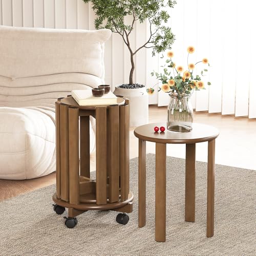 Welfuturer Stapelbare Bambus Hocker mit Rollen,4-in-1 Set Stapelhocker, Beistelltisch & Sitzhocker,46 cm Höhe Esszimmerstühle,ohne Montage für Küche Wohnzimmer Schlafzimmer,Walnuss