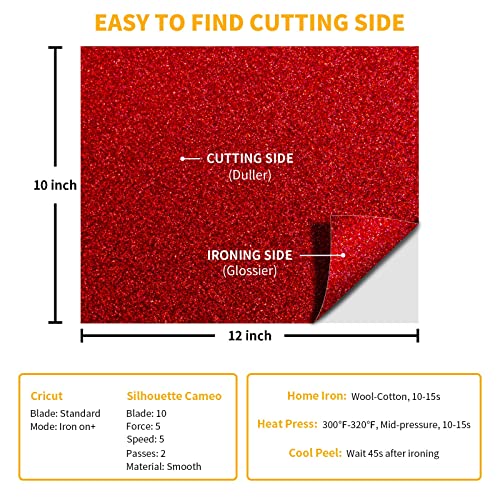 Vinylrus Red Glitter Heat Transfer Vinyl Bundle - 6 Sheets 12"×10" Iron On Vinyl For Shirts, Htv Vinyl Easy To Cut & Weed & Transfer #TOP5