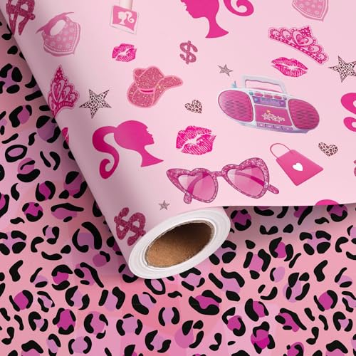 Vnaaem Reversible Princess Wrapping Paper Roll for Girls Women - Pink Birthday Girl Gift Wrap with Stars Lip Radio & Leopard Design for Birthday Christmas Holiday Party Supplies(Total 28.5sq.ft)