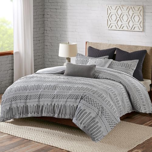 Image of INK+IVY Luxurious Cotton-Bedding Set - Mid Century Trendy Geometric Design, All Season Cozy-Cover With Matching-Shams, King /Cal King, Rhea Jacquard Grey /Black