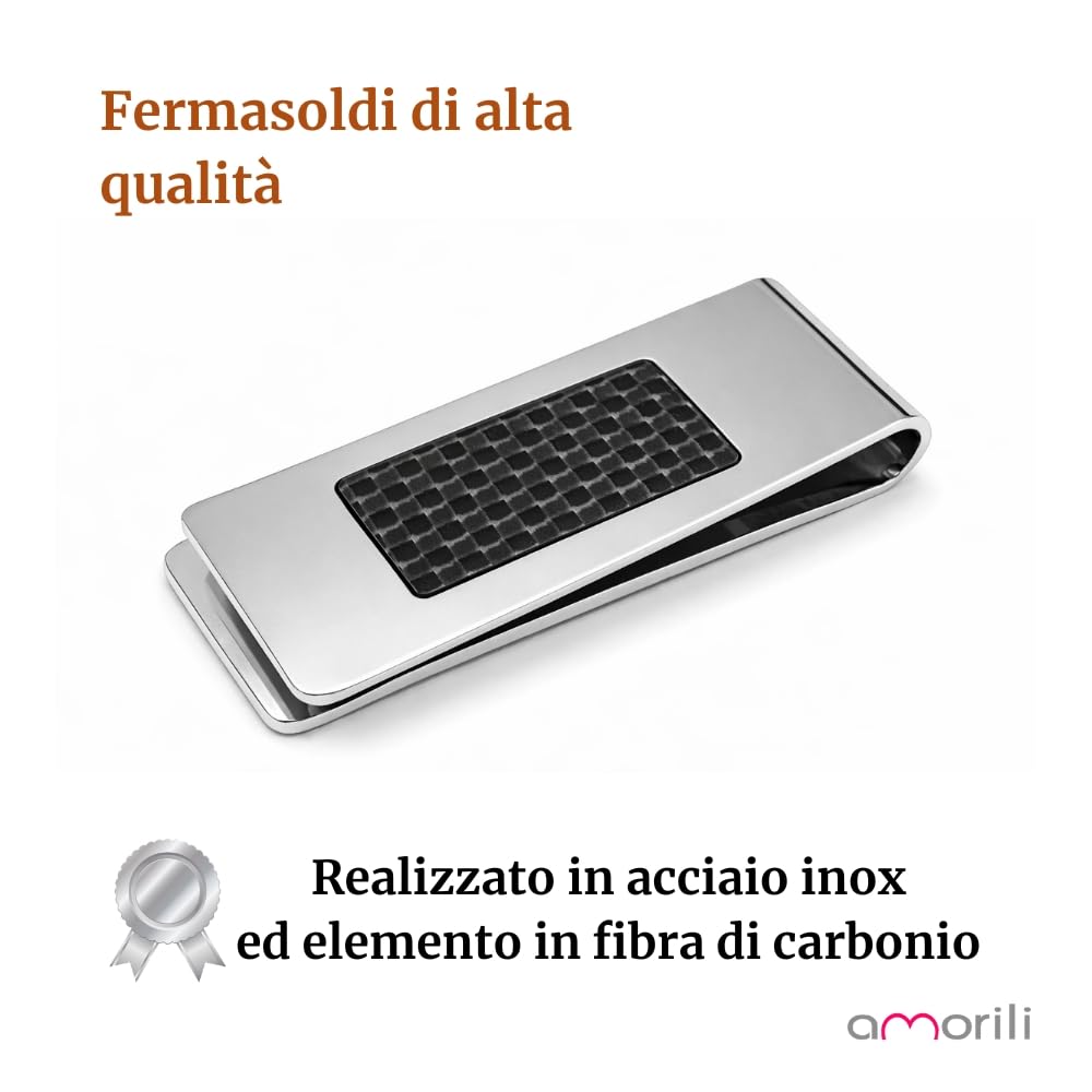 Fermasoldi Uomo in Acciaio Inox con Fibra di Carbonio – Accessorio Moderno ed Elegante – Clip Ferma Banconote a Molla per Soldi – Idea Regalo Uomo fsl027