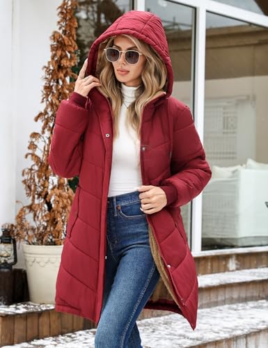 RITOSTA Winterjacke Damen Lang Fleece Gefüttert Steppmantel mit Kapuze Warm Parka Damen-Jacken Puffer Mantel Herbst Winter Hooded Jacket Kapuzenjacke Wintermantel mit Taschen(Rot,XXL)
