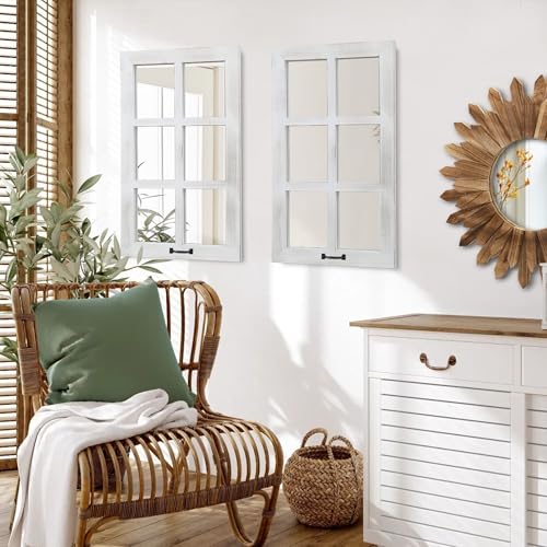 Image of LOSOUR 2 Pack 24x40 Mirrors for Wall Decor, Farmhouse Distressed Wood Windowpane Mirror, Rustic Home Wall Decor Accents for Bedroom Living Room Dining Room, Kitchen, Mantle (2, White, 40 inch L x 24 inch W)