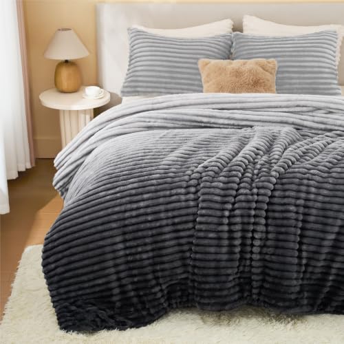 Image of BEDELITE Fleece King Comforter Set, Fluffy Bed Set, Grey Ombre