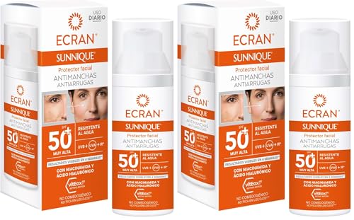 Ecran Sunnique - Fluido Protector Solar SPF 50 Antimanchas con Niacidamina, Protege de Quemaduras, Corrige Imperfecciones, Unifica el Tono de la Piel, Fórmula con VitEox 80-50 ml (Paquete de 2)