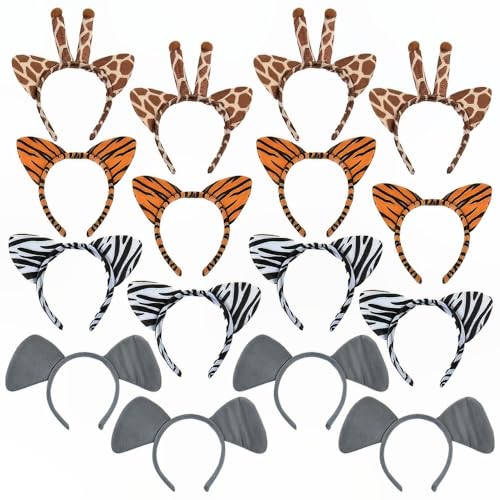 Fun Express Plush Zoo Animal Headbands w Ears (1 dozen) Jungle Party Favors and Costume Accessories, Zebra, Giraffe, Elephant &Tiger - VBS Vacation Bible School Supplies/Decor