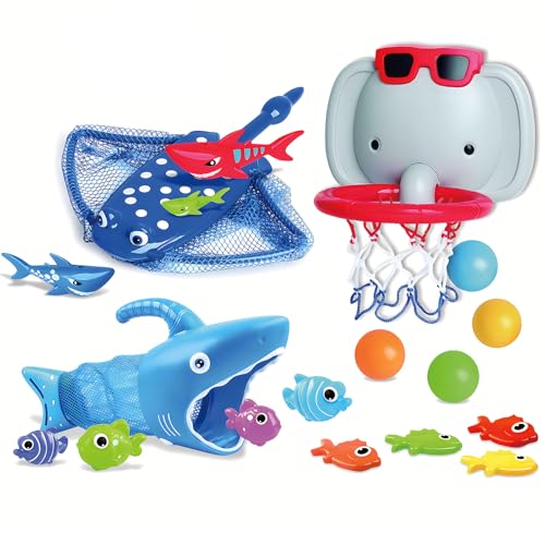 Bath Toys for Kids Ages 1-3,18PCS Bathtub Toys Pool Outdoor Games,No Holes Basketball Hoop with 4 Balls and Shark Fishing Net, Birthday Summer Beach Activity Gift for 1 2 3 4 5 Toddler Girls Boys