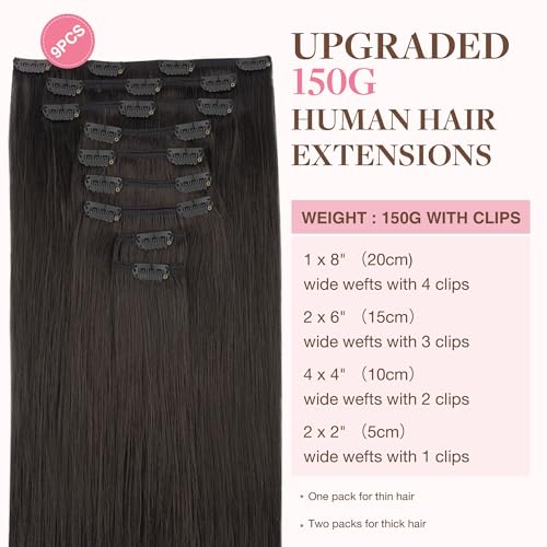 Image of GOO GOO Clip in Hair Extensions Real Human Hair, Remy Human Hair Extensions Clip ins for Women, Natural Human Hair, 18inch 150g 9Pcs, 2 Dark Brown