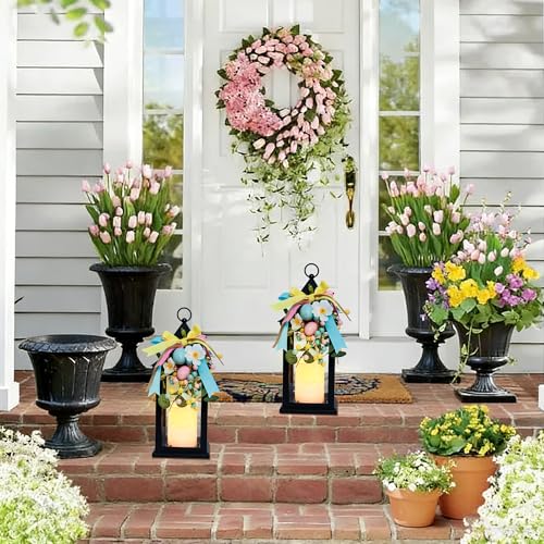Image of Easter Lanterns Decorative Indoor & Outdoor, 14 Inch Black Candle Lanterns with Timer Waterproof, Hanging Spring and Easter Lantern Decor for Home, Table, Porch, Patio, 2 Pack