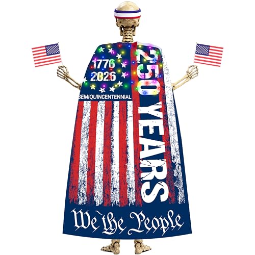 MUDEREK Light Up American Flag Cape for 12 ft Skeleton Patriotic Independence Day Accessories LED 250th Anniversary Giant Skeleton Costume Cloth for 4th of July Outdoor Decorations