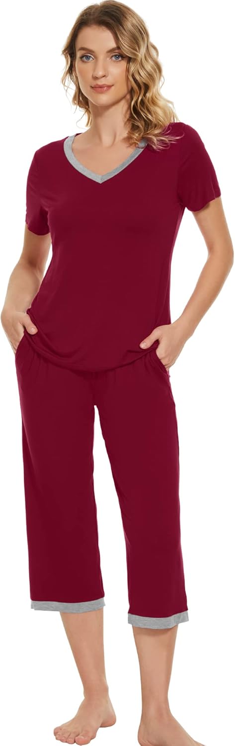 WiWi Viscose from Bamboo Pajamas Set for Women Summer Sleepwear Pjs Comfy Short Sleeve Tops Capri Pants Sets S-XXL