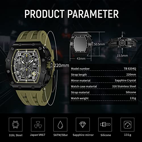 Image of TSAR BOMBA Mens Luxury Watch Watches for Men 50M Waterproof Japanese Quartz Movement Tonneau Stainless Steel Case Sapphire Glass with Chronograph Date Function Cool Unique Fashion Gift