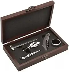 Kit Porta Vinho Com 5 Acessórios Inox E 1 Caixa De Madeira