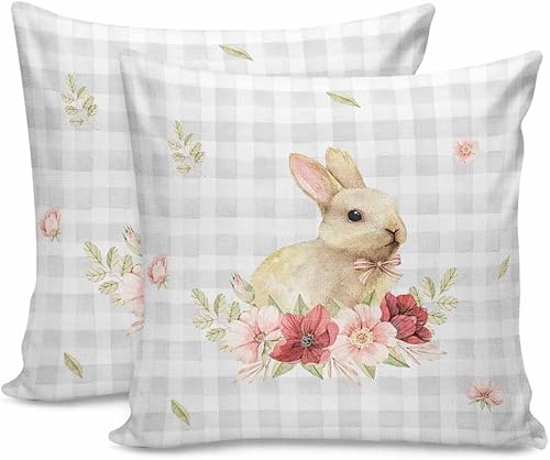 Pack of 2 Cotton Throw Pillow Covers, Happy Easter Bunny Buffalo Plaid Spring Florals Soft Square Pillow Covers Home Decoration Pillowcases for