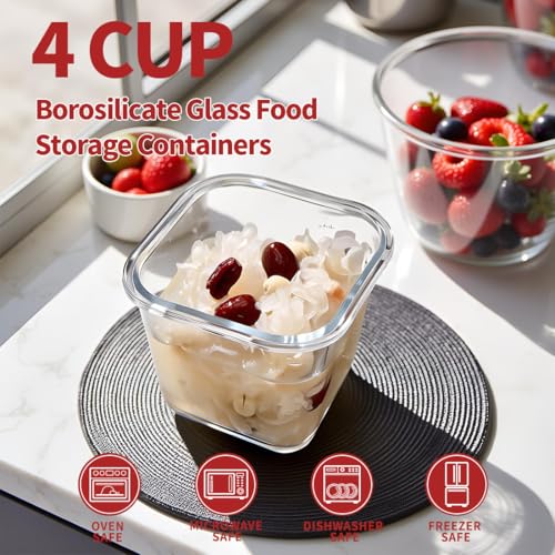Image of H.JSS WDJS 4 Cup Square Glass Food Storage Container with Lids, Square Glass Soup Container with Airtight Lids, 32 OZ Food Prep Bowls for Leftovers, Salad, Microwave、Fridge、Dishwasher Safe (4 Pack)