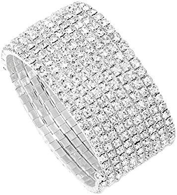 ELABEST Multi Row Crystal Bracelet Stretch Rhinestone Bling Hand Chain Bridal Ball Body Jewelry Accessories for Women and Girls (Silver)