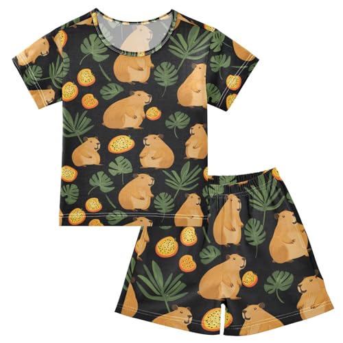 ALAZA Capybara Tropical Fruit Pajamas Set Short Sleeve Cotton Sleepwear Summer Pjs 2 Piece 5-14Y