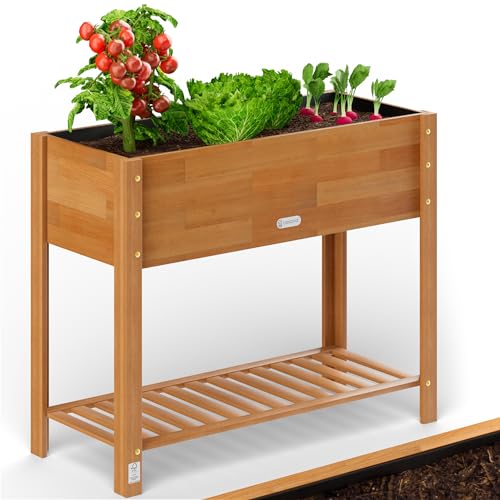 CASARIA® Wooden Raised Bed Flower Pot Planter | Garden Trough | 100x40x84cm | Solid FSC® Certified Acacia Wood | 2-Levels | Weatherproof | 2 Tier Shelf | Natural Brown