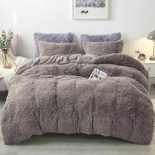 Rluckstar Plush Fluffy Duvet Cover Shaggy Luxury Ultra Soft Crystal Velvet Bedding Sets 3 Pieces (1 Faux Fur Duvet Cover + 2 Faux Fur Pillow case) with Zipper & 4 Closure Corner Ties (Taupe, King)