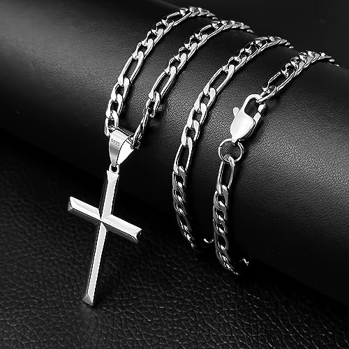 925 Sterling Silver Cross Necklace for Men Women with 4.5MM Stainless Steel Strong Durable Figaro Chain 18K White Gold Plated Crucifix Pendant Necklace Jewelry 16-28 Inches3