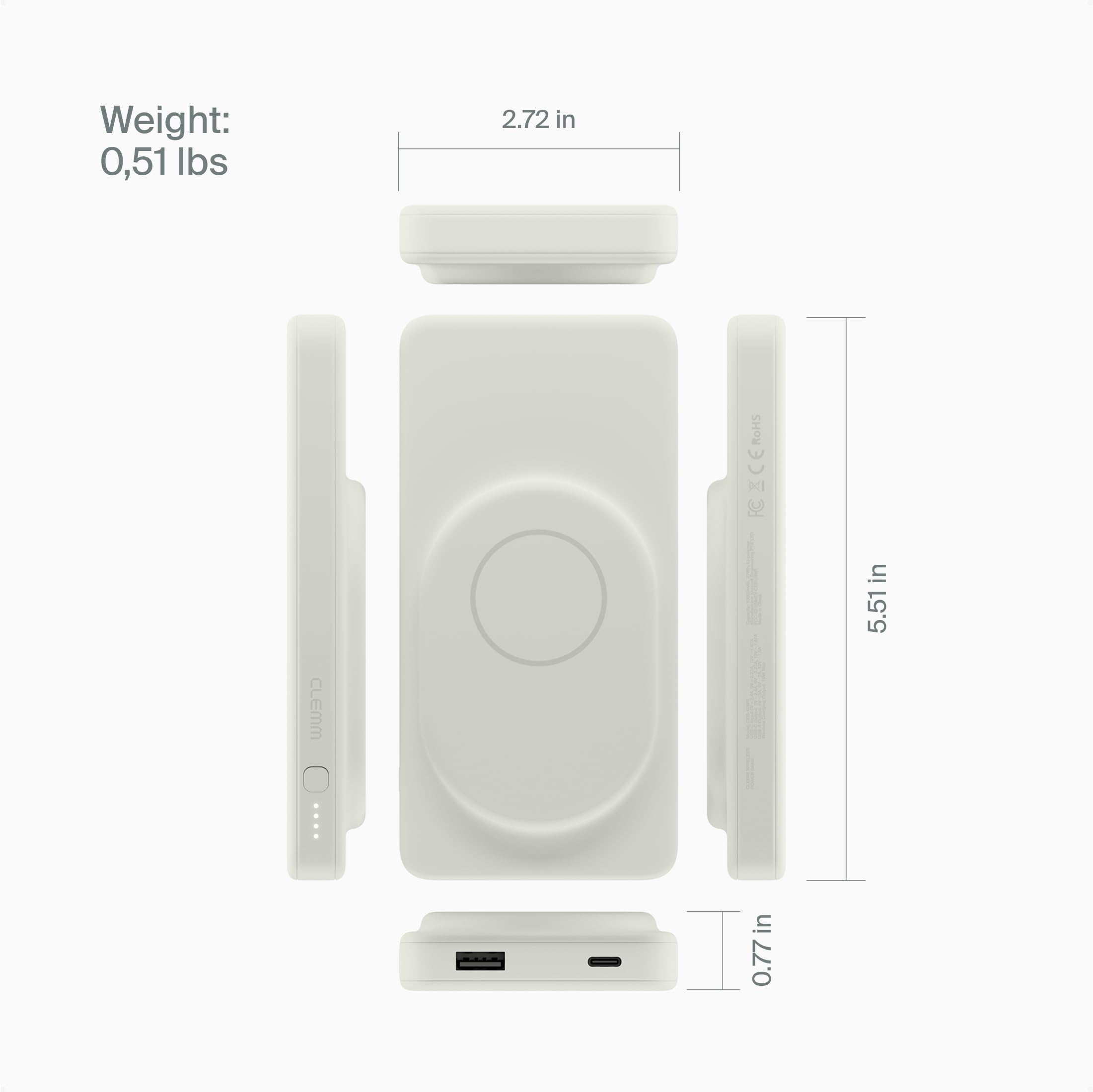 Clemm Cargador inalámbrico portátil de 10 K mAh de doble puerto (USB-A, USB-C) cargador de carga rápida para iPhone 16/15/14, Samsung Galaxy, iPad, Google Pixel y más, marfil