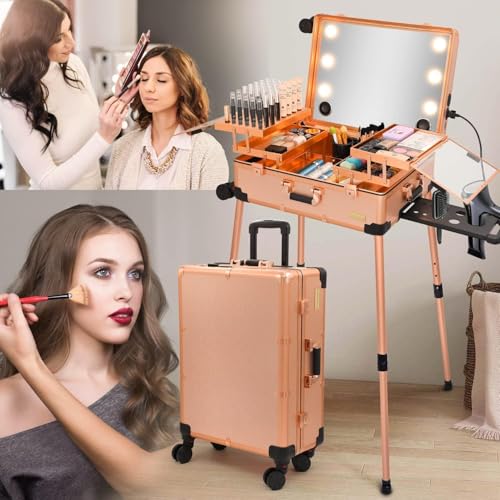 Image of Adson Rolling Makeup Trolley Makeup Box Case Train Vanity Case Storage Hairdressing Organiser for Salon, Artist Aluminum Cosmetic Storage Organizer with Light and Mirror (Rose Gold)