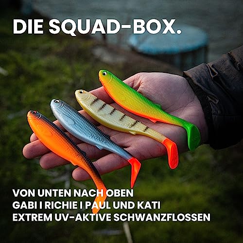 Foto von NØMIS Gummifisch Set | Geschenke für Angler | Gummifische Hecht Zander Dorsch | Angler Geschenke | Angelköder für Hecht Zander und zum Meeresangeln | Angelzubehör | Squadbox, 4 Dekore