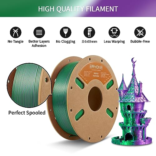 Image of ERYONE Silk Dual Color PLA Filament 3D Printer 1.75mm + /- 0.03mm, Bicolor Filament Two Tone PLA 1KG(2.2lbs) Cardboard Spool, Purple Green