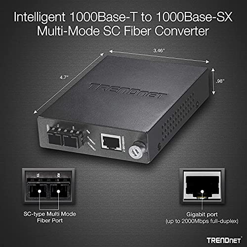 Image of TRENDnet Intelligent 1000Base-T to 1000Base-SX Multi-Mode SC Fiber Media Converter, Up to 550M (1800 ft), Fiber to Ethernet Converter, 2Gbps Switching Capacity, Lifetime Protection, Black, TFC-1000MSC