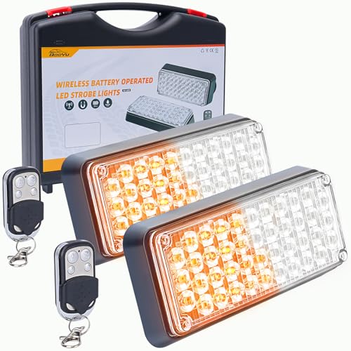 BooYu Amber/White Magnetic Flashing Strobe Light/w Controller Battery Operated Rechargeable LED Safety Beacon Lights Portable Emergency Warning Light Bar for Vehicles Trucks Car 2-Pcs