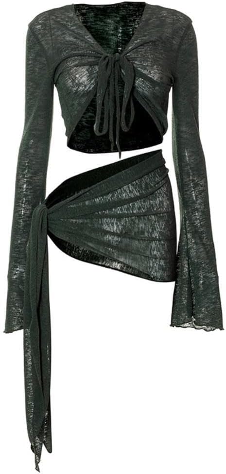 Women's 2 Pieces Outfits Mesh Perspective Suit Swimming Beach Long Sleeve Crop Top and Mini Skirt Set - Image 4