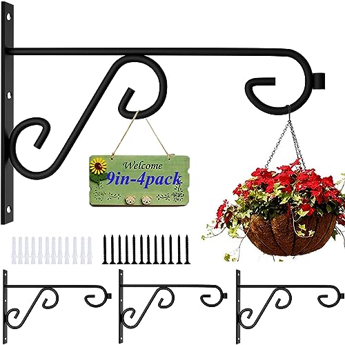 KEHOUXRE Paquete de 4 soportes de pared para plantas, ganchos de pared para colgar plantas, soportes de pared de 9 pulgadas, ganchos negros para plantas, como soporte de pared para macetas, linternas,