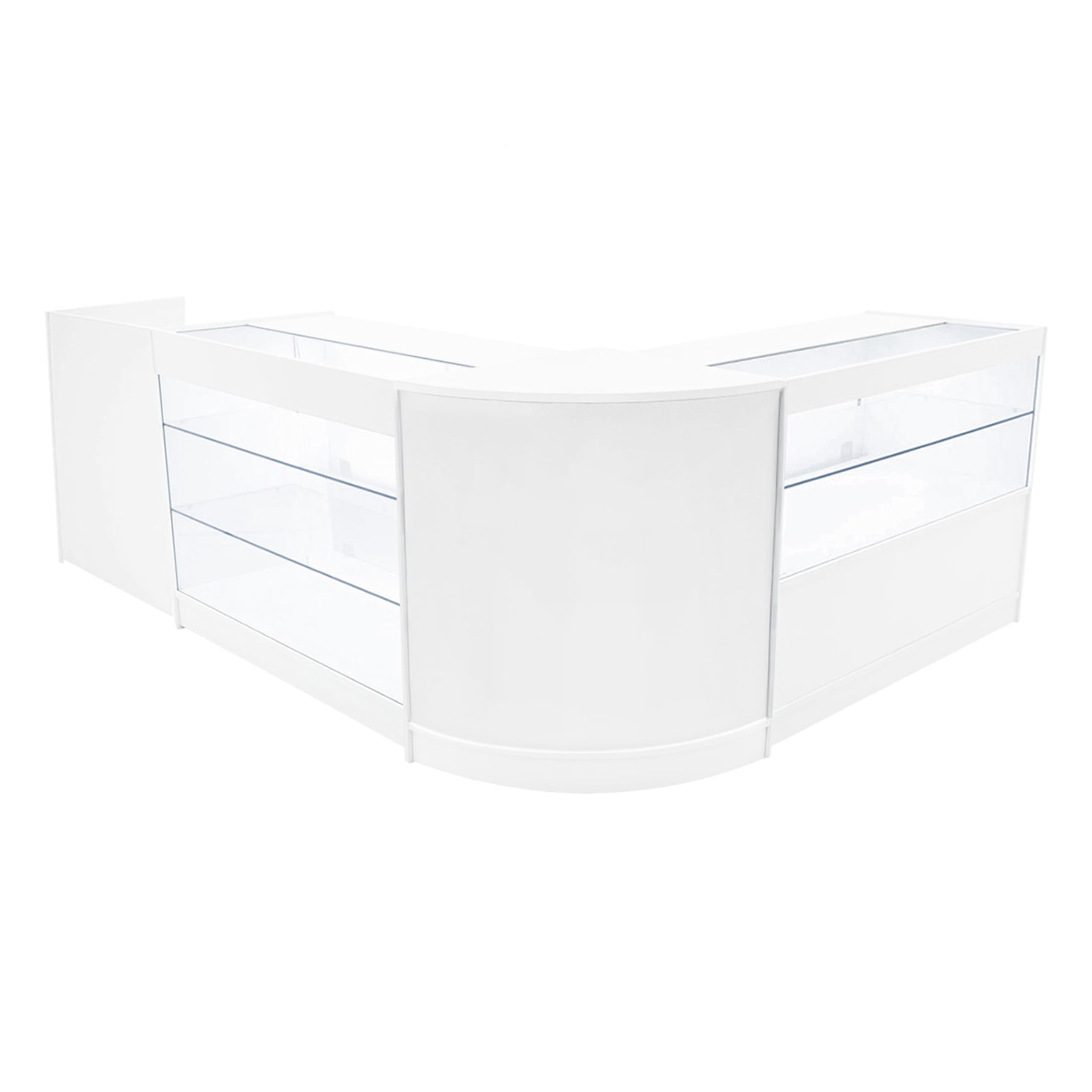 Set Mostradores Comerciales "VEGA" | Blanco| CM60 + K1200 + C1200 + TB60| MDF y vidrio templado | Estantes y puertas corredizas con cerradura | Fácil Montaje | Recepción Expositor Comercial Mesa