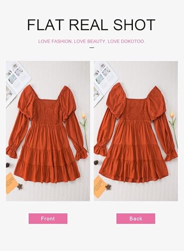 Dokotoo Women's Ladies Spring Casual Summer Dresses Casual Sexy Off The Shoulder Square V Neck Flared Lantern Long Sleeve Cute Ruffle Smocked Elegant Mini Short Skater Dresses For Women Brown Large #TOP2