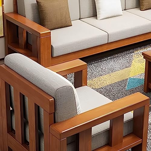 Image of Wooden Sofa Sets for Living Room Without Coffee Table | 6 Seater Sofa Set | Solid Sheesham Wood Sofa Set (3+2+1, Natural Teak Finish)