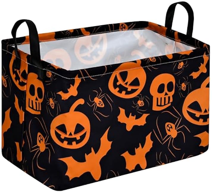 KUNRO Bat Pattern Halloween Storage Gift Basket Canvas Storage Bins with Handles Rectangle Storage Cubes Organizer for Bedroom Living Room