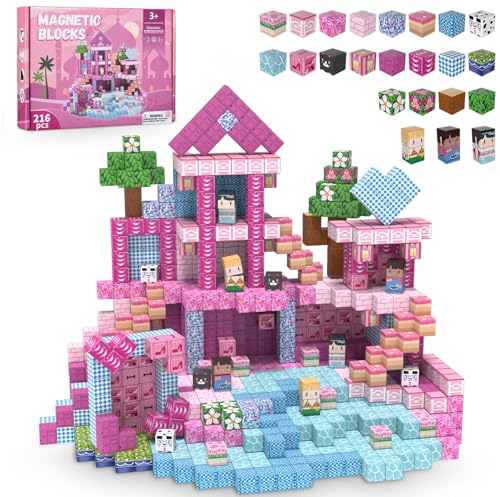 ADAH 216PCS Magnetic Building Blocks for Girls Pink Princess STEM Toys for Ages 4-8 Creative Educational Building Toys for 3-6 Year Olds Magic Blocks for Kids