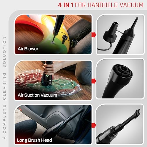Image of DOMESTICA 4-in-1 Cordless Car Vacuum Cleaner | Portable Handheld Vacuum Cleaner for Car Use with Blower & Inflator | High Speed Power Suction | 9000 Pa Suction | HEPA Filter, Multiple Nozzles (Black)