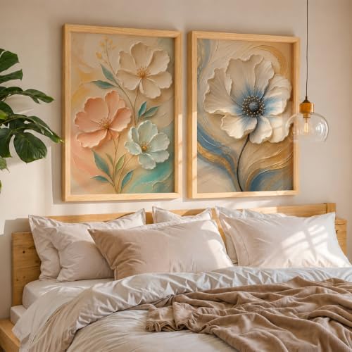 Image of NoWorries Floral Wall Painting Set of 2 with Frame | Premium White Peach & Blue Flower Botanical Artwork, Elegant Nature Wall Decor for Living Room, Bedroom, Office and Home Decoration (Art-7, 13x19inch)