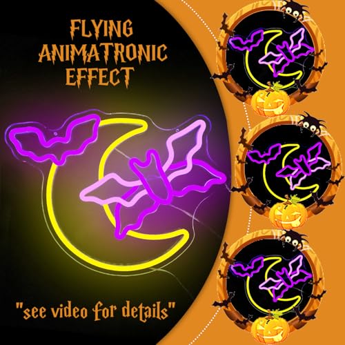 Image of Halloween Neon Sign Moon Flying Neon Bat Sign Led Halloween Decorations Halloween Flying Bat Lights Halloween Led Sign Gothic Neon Sign for Halloween Party Wall Decor Window