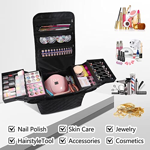 Nail Polish Organizer Case, Large 4 Trays Makeup Case Organizer, Travel Makeup Train Case Bag, Cosmetic Storage Box With Strap, Nail Polish Organizer Carrying Case For Nail Tech Makeup Tools-Black #TOP1