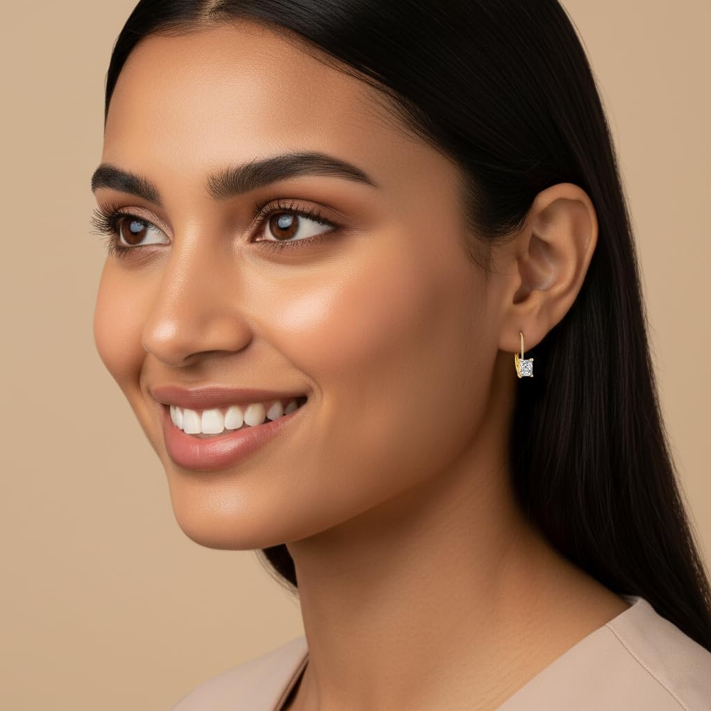 14K Solid Gold Earrings | Round Princess Cushion Oval Pear and Emerald Cut Cubic Zirconia|Lever back Drop and Dangle Basket Setting | 0.50 to 2.0 CTW | With Gift Box