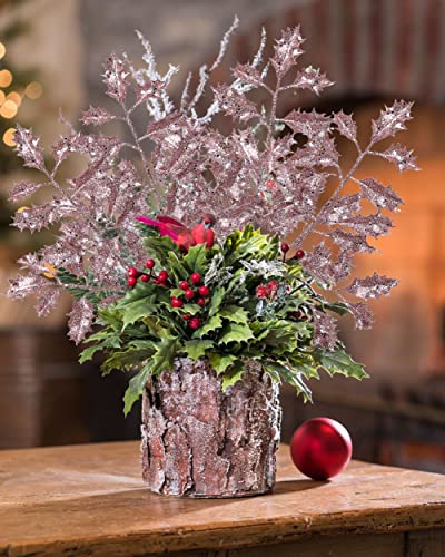 Dilatata 6Pcs Christmas Glitter Leaves Holly Leaves 23" Artificial Rose Gold Holly Leaf Picks Sprays Giltter Stems For Christmas Tree Diy Xmas Wreath Garland Home Decor - Rose Gold #TOP4