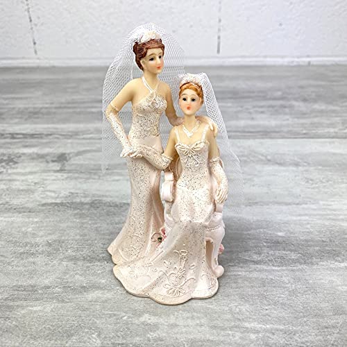 Figurine Couple de Mariées Femmes en Robe crème, en Résine, 14 x 7 cm, Mariage Gay Lesbienne homosexuelle