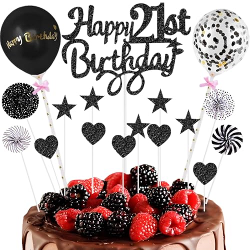 Black Happy 21st Birthday Cake Topper 21st Birthday Cake Decoration Set HSC 17PSC Black White Glitter Paper CupcakeToppers with Star Heart Paper Fan Balloon for 21 Years Old Party Decor