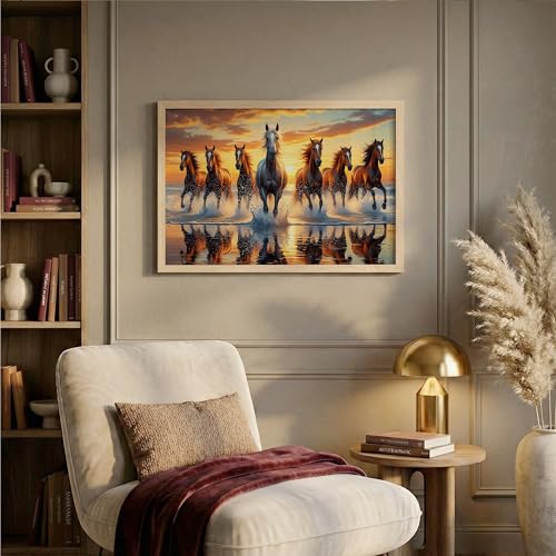 Image of Suneree 7 Horse Vastu Wall Painting (Landscape Collection) (Natural, Design 06, 10x13 Inch)
